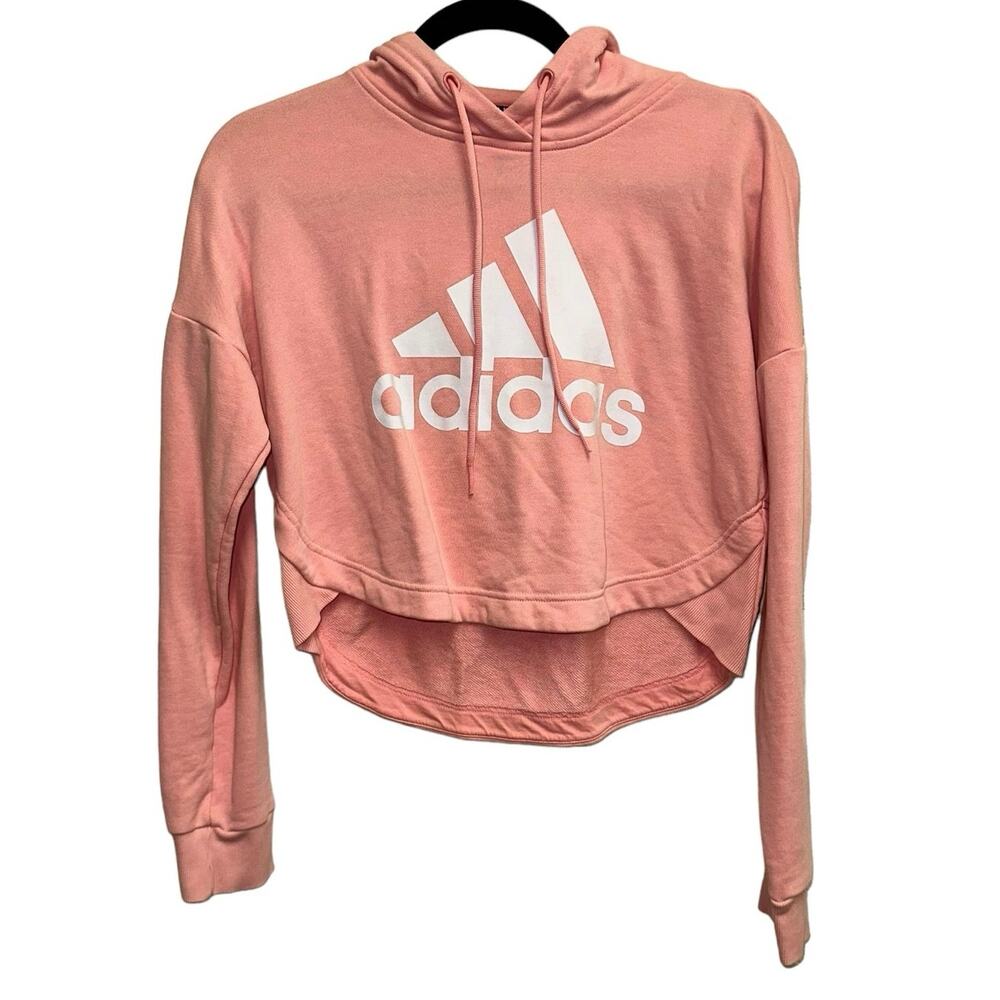 Adidas Cropped Hoodie XS Pink Logo‎ Pullover Athletic Sweatshirt